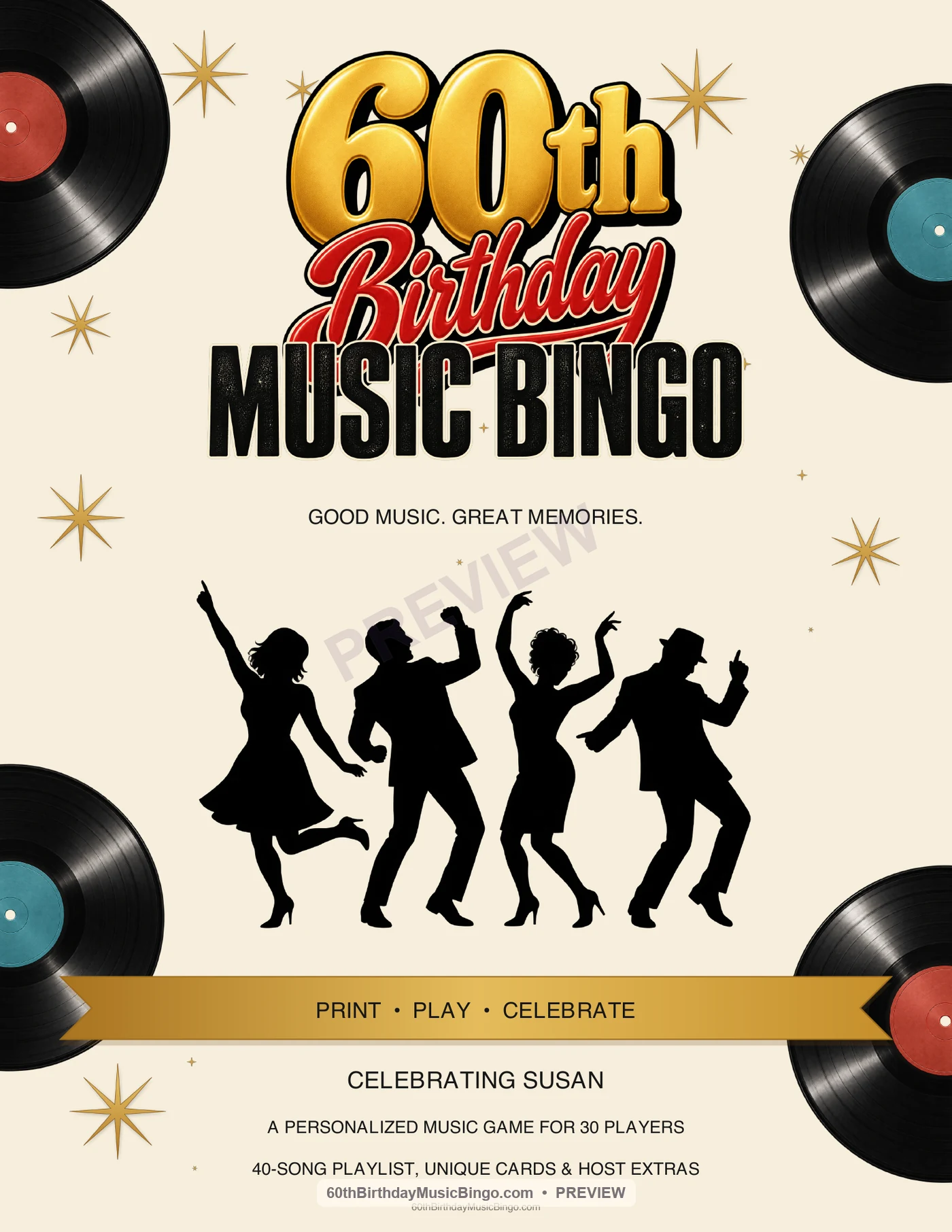 Personalized 60th birthday music bingo cover for a milestone celebration