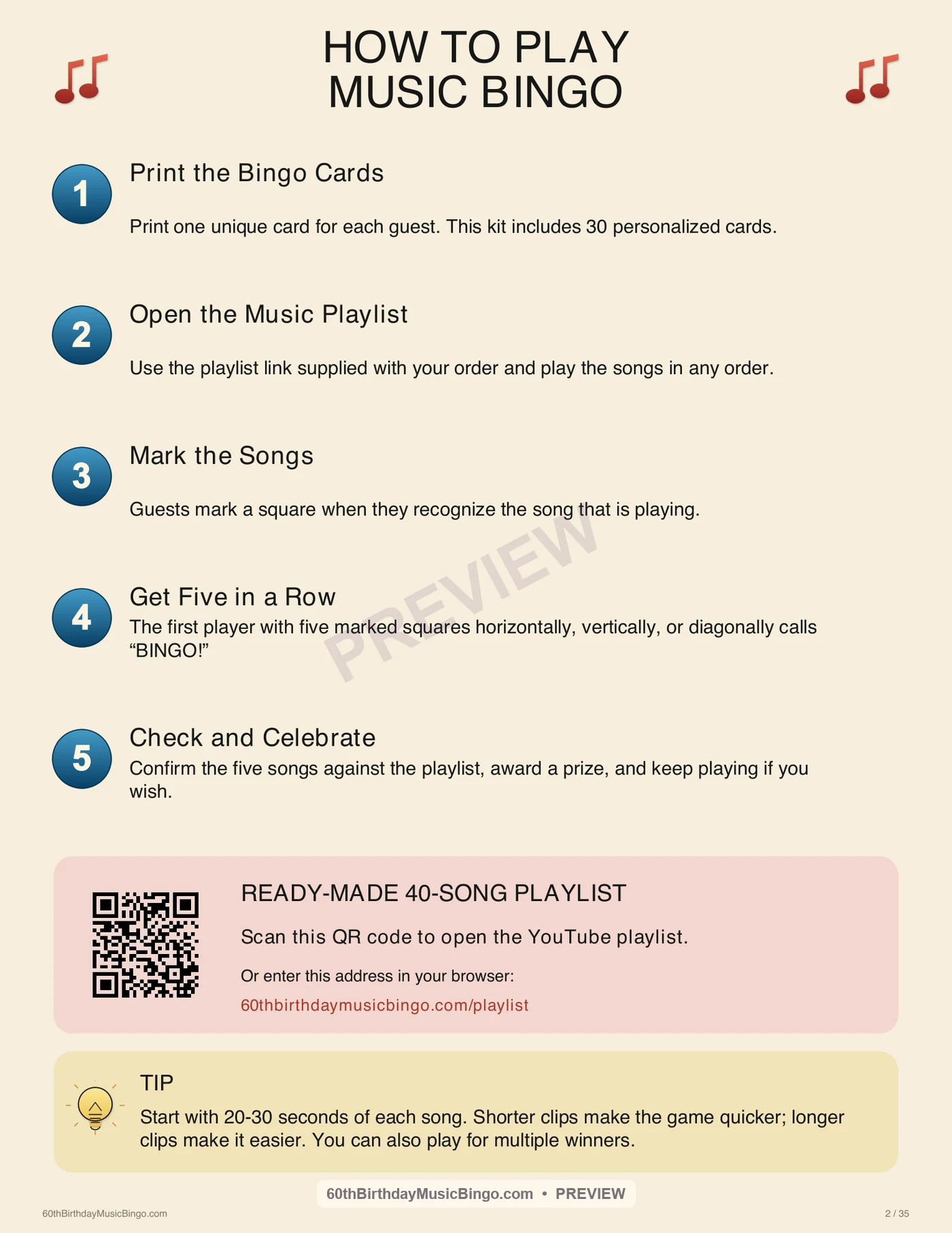 Large-print how-to-play page included in the music bingo PDF