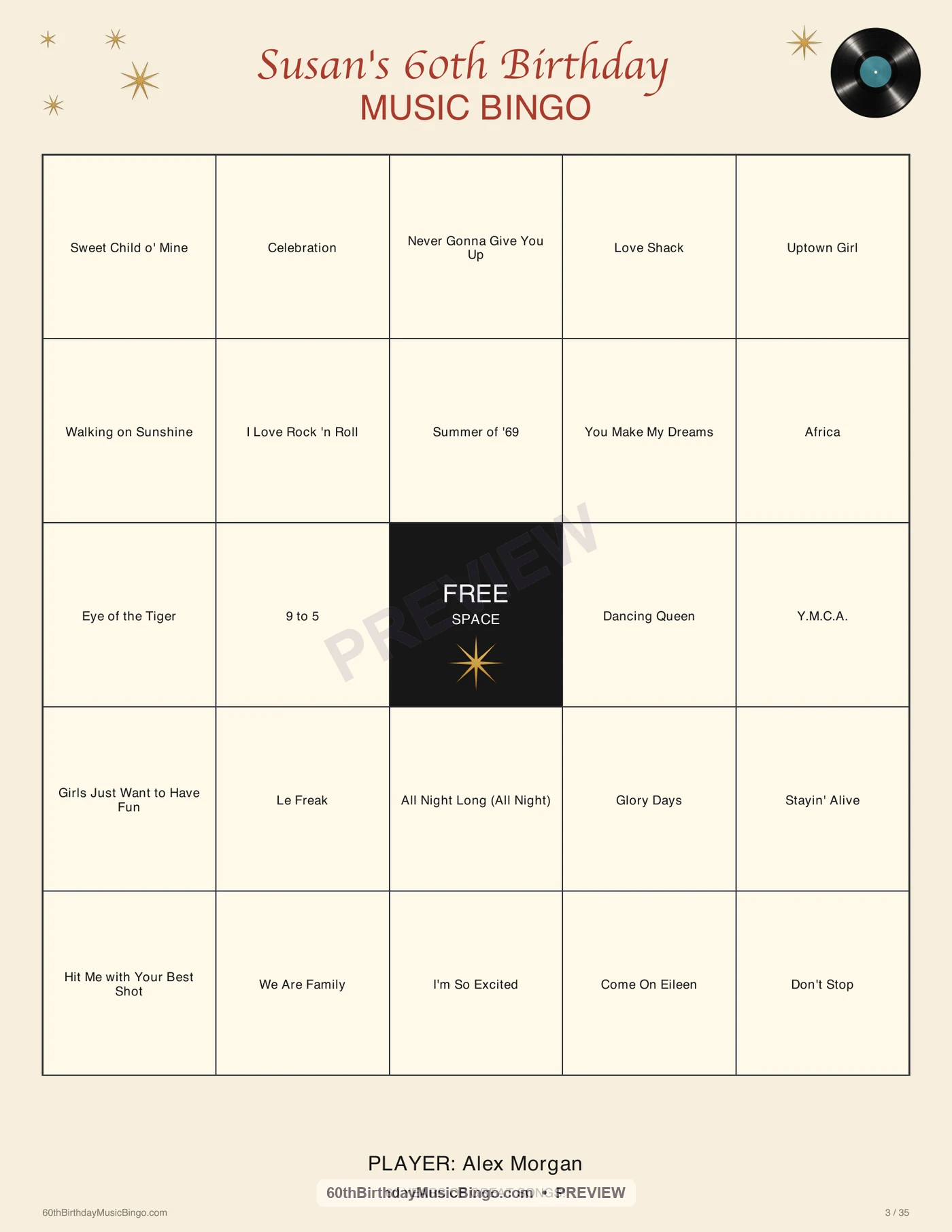 Personalized printable 60th Birthday Music Bingo card for a seated party game